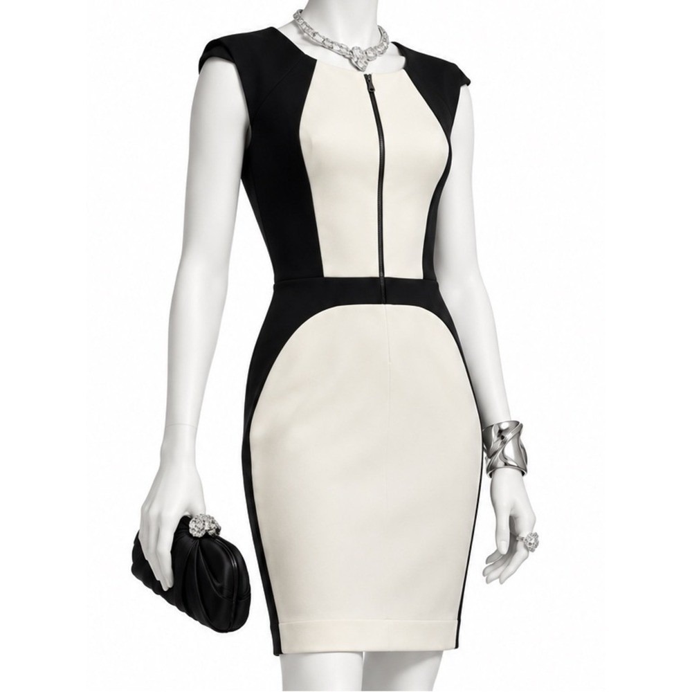 ROBERT RODRIGUEZ Black Ivory Colorblock Stretch Scuba Sheath Dress Zippers | 4